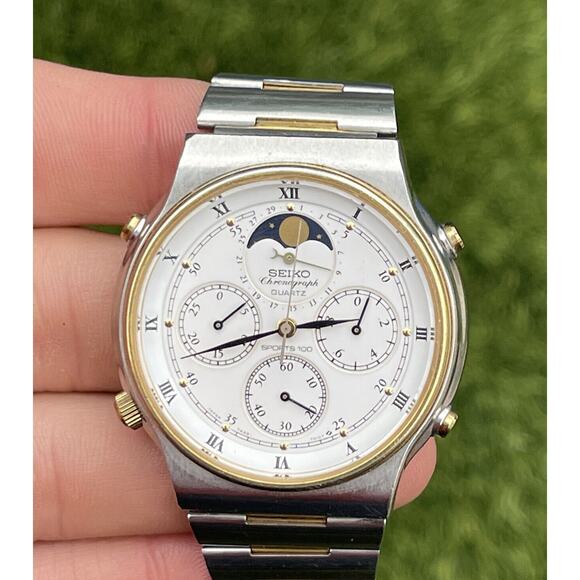 Vtg Seiko 7A48-7009 Watch Sports 100 Moonphase Original Bracelet Chronograph - Picture 2 of 12